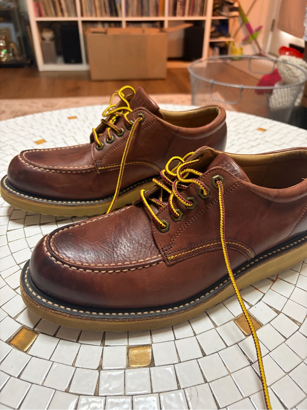 Men's Brown Leather Moc Toe Casual Shoes with Yellow Laces